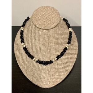 14k Yellow Gold Three Strands Black Onyx and Pearls  Necklace 18" L